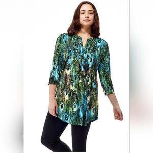 La Cera Peacock Print Tunic Top Size L Green Blue 3/4 Sleeve #1049